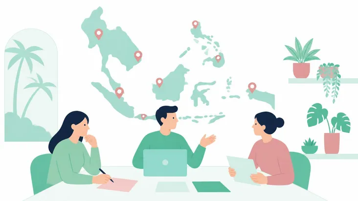 東南アジアの地図を前に打ち合わせをするチームのイラスト